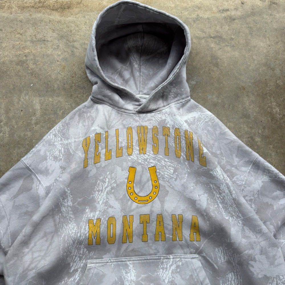Vintage Y2K Abercrombie Yellowstone Montana Hoodie Camo Western Grey L (f10) - Picture 1 of 8